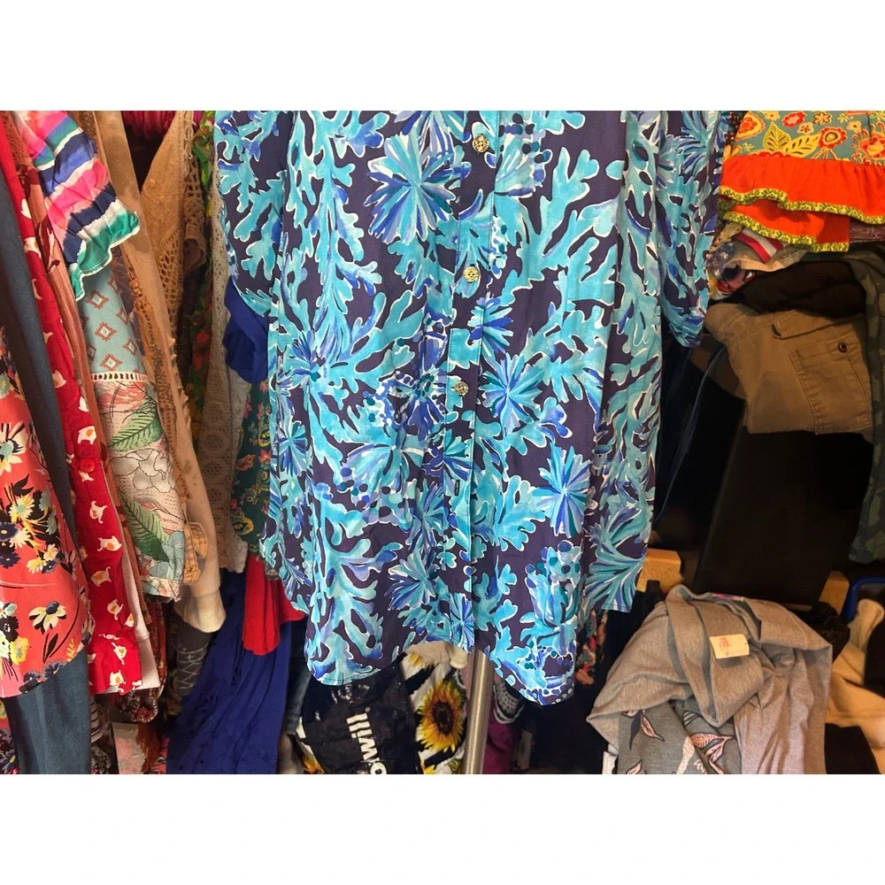 Lilly Pulitzer Blue‎ Floral Coral Print Rayon Button Down Shirt Dress XS Beach